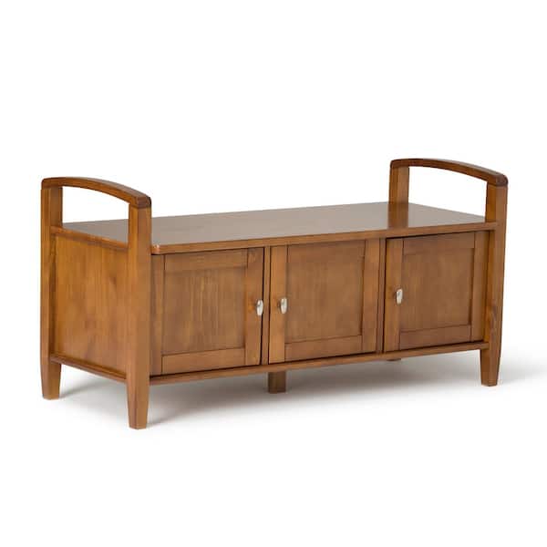Simpli Home Warm Shaker Solid Wood 44 in. Wide Transitional Entryway Storage Bench in Light Golden Brown