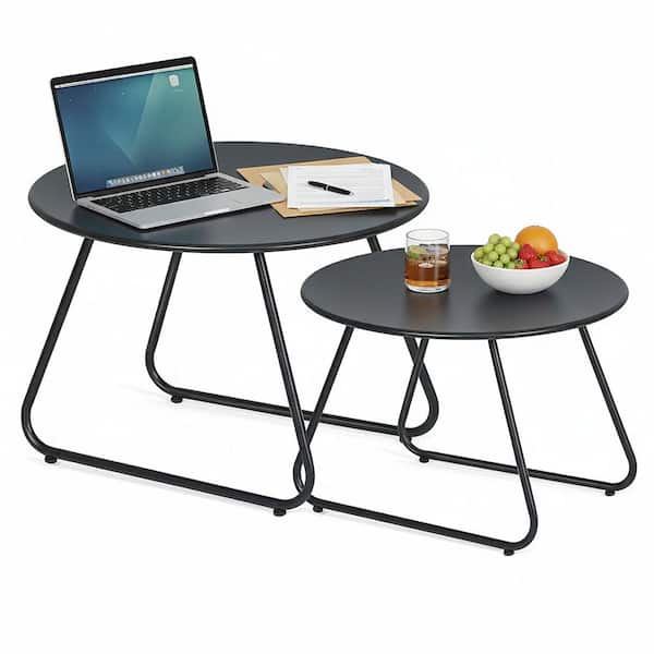 Set of 2 Nesting Black Round Metal Outdoor Side Table