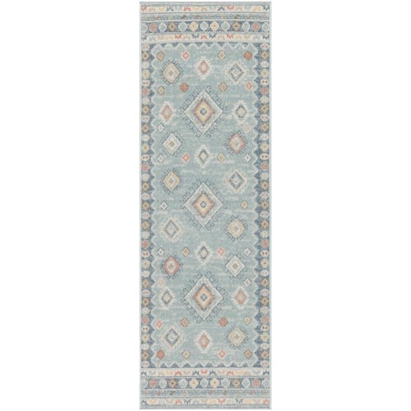 Nourison Washable Decor Light Blue 2 ft. x 6 ft. Center medallion Contemporary Runner Area Rug