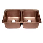 Rivera Luxury Series Undermount Solid Copper 32 in. Double Bowl 50/50 Kitchen Sink in Antique Copper