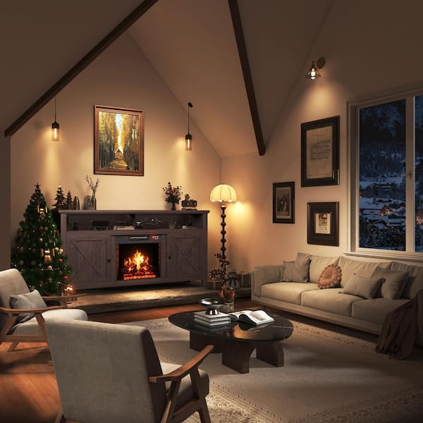 58 in. Freestanding MDF Electric Fireplace TV Stand with Shelves in Brown