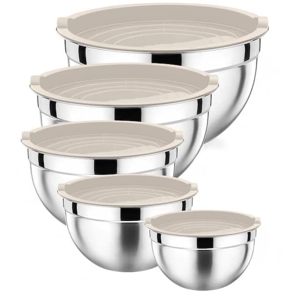 Mixing Bowls with Lids Set of 5, 10-Piece Stainless Steel Mixing Nesting Bowl, Metal Bowl with Lid, Khaki