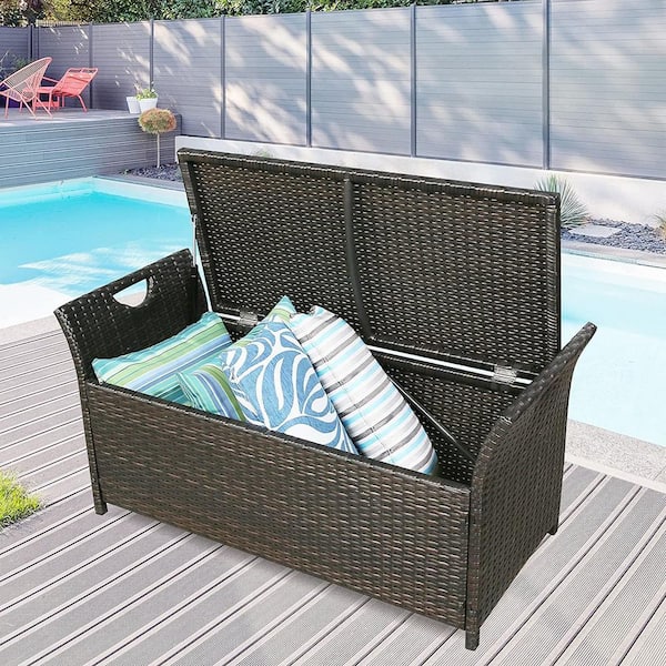 Wicker Outdoor Storage Stool Storage Bench Deck Storage Box with Terracotta Cushion