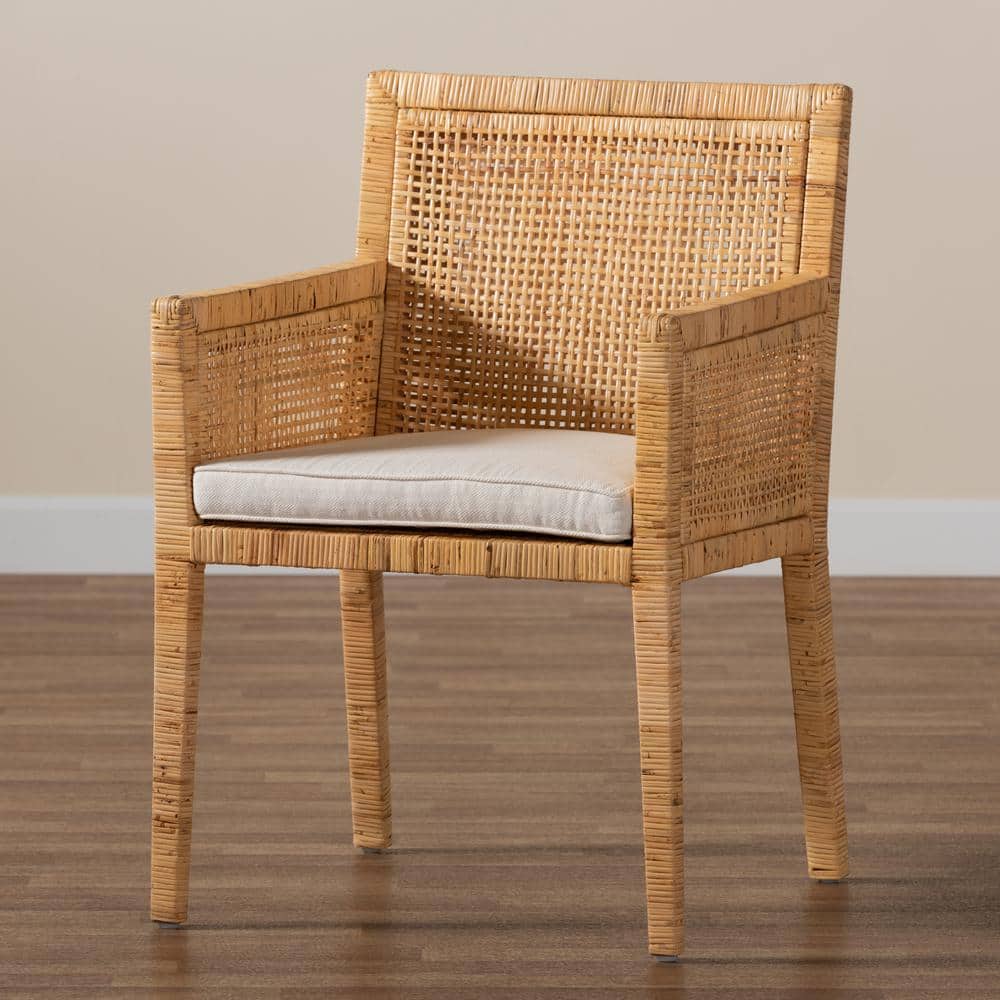 Natural Rattan and Cane Armchair with White Cushion