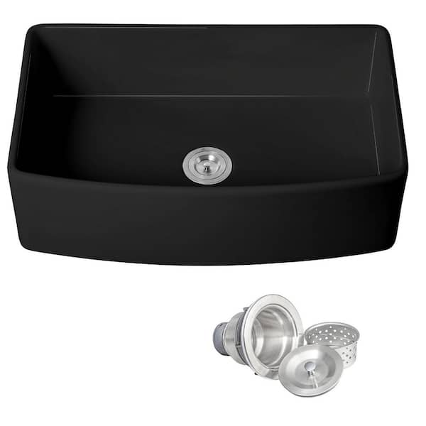 Black Fireclay 36 in. Single Bowl Apron-Front Kitchen Sink with Basket Strainer