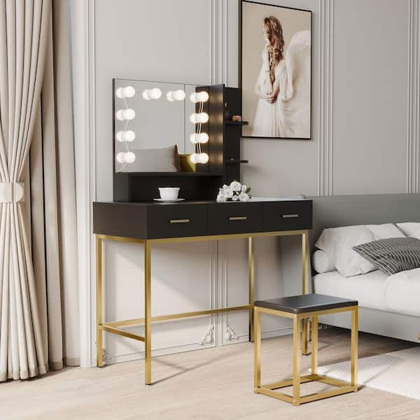 Vanity set with lighted mirror online cushioned stool dressing table makeup table