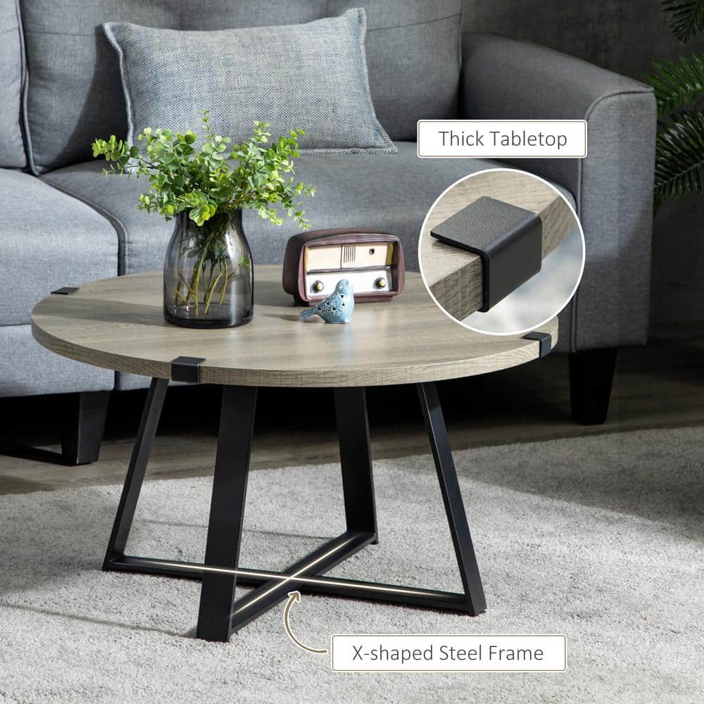 Round Light Gray Wood and Metal Coffee Table