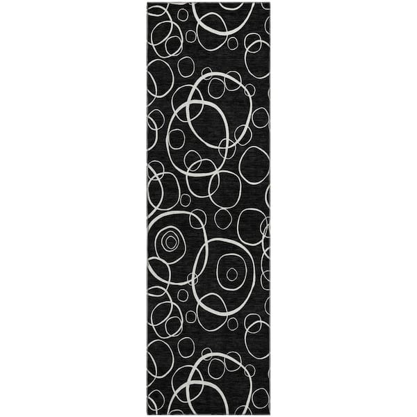 Mayfield Premium Machine Washable Abstract AMF2407 Black 2 ft. x 7 ft. Runner Rug