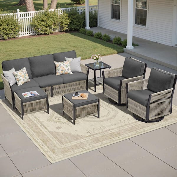 6-Piece Wicker Patio Conversation Set Including Sofa, Chairs, Footrests, Side Tables and Dark Gray Cushions