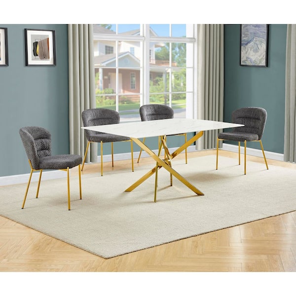 Best Quality Furniture Esteban 5-Piece White Marble Wrap Glass Top Gold Stainless Steel Base Dining Set with 4 Dark Grey Chairs