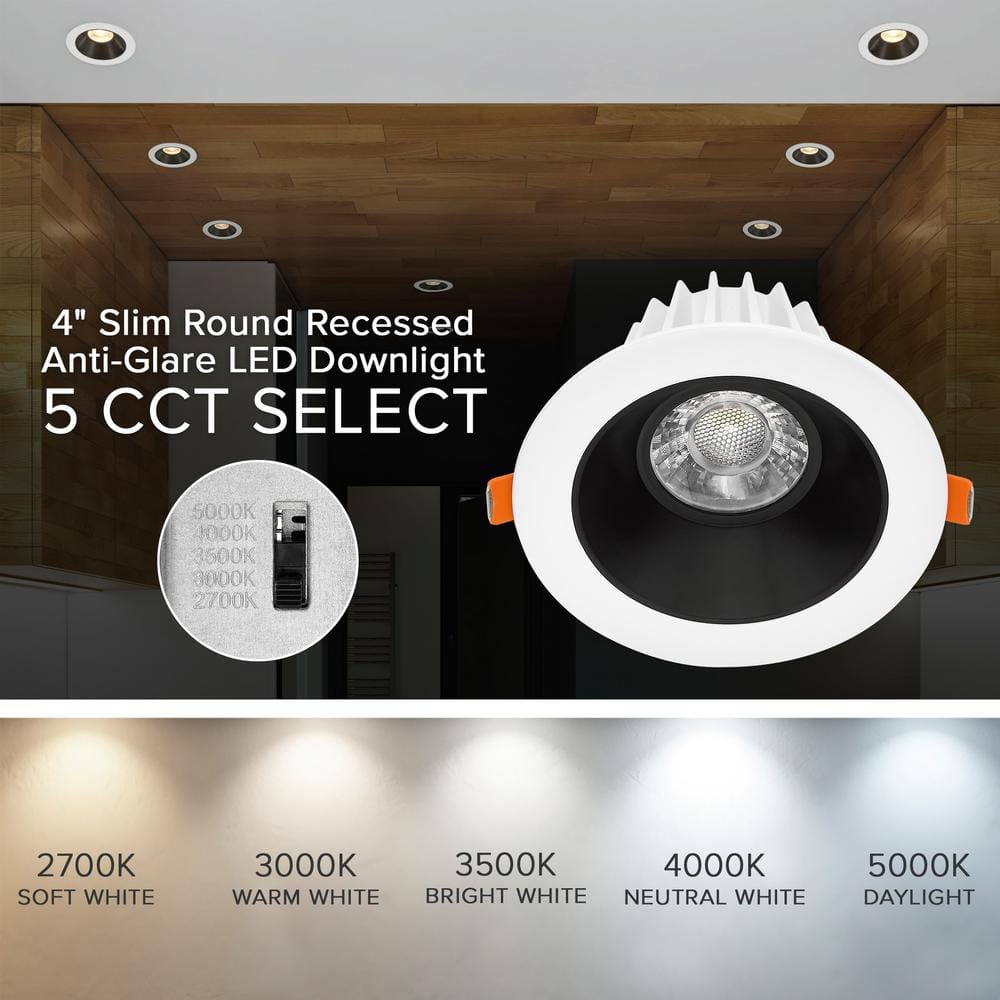 4-Inch Slim Round Recessed Anti-Glare LED Downlight with White Trim and Black Baffle