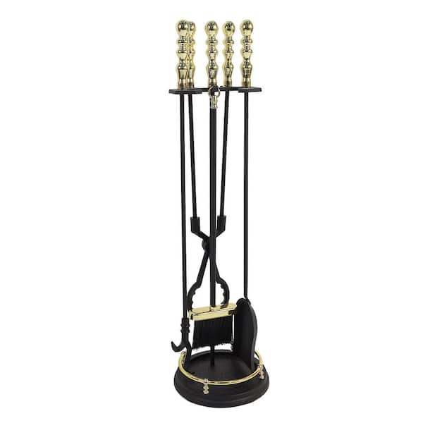 Unbranded 32 in. Tall 5-Piece Black and Polished Brass Manchester Fireplace Tool Set