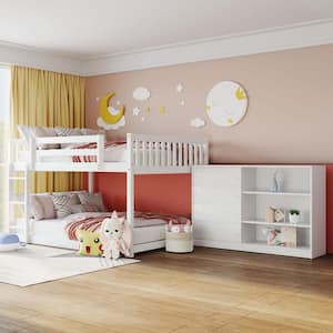 White Floor Bunk Bed Frame with 4 Drawers and 3 Shelves, Full Over Full Wood Bunk Bed For Kids, Girls, Boys, Teens