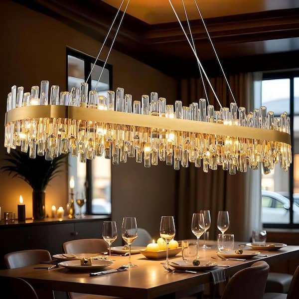 YUYI 52 in. 20-Light Gold Crystal Chandelier, Modern Rectangular K9 Crystal Hanging Pendant Ceiling Light Fixture