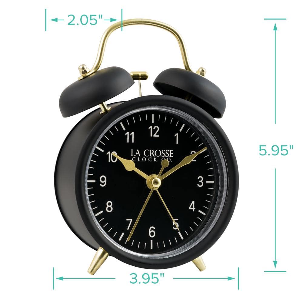 Black Twin Bell Quartz Analog Alarm Clock with Gold Accents