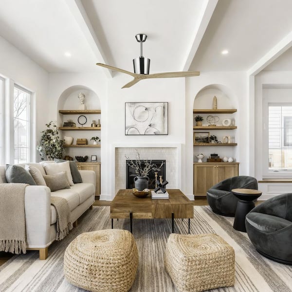 54" Brushed Nickel Downrod Mount Standard Ceiling Fan with Remote Control and Wood Blades