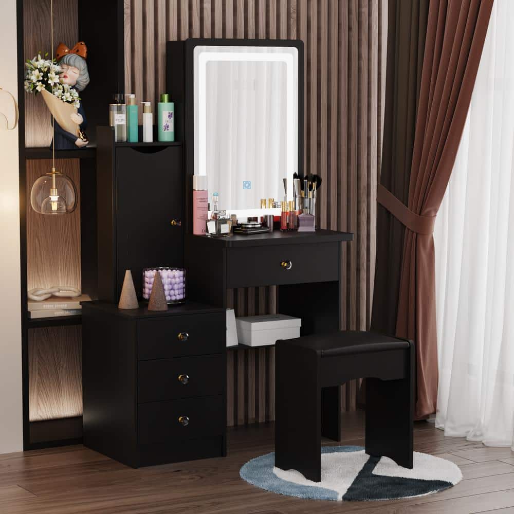 4-Drawers Black Wood LED Push-Pull Mirror Makeup Vanity Sets Dressing Table Sets with Stool, Door Cabinet, Shelves - thumbnail 2