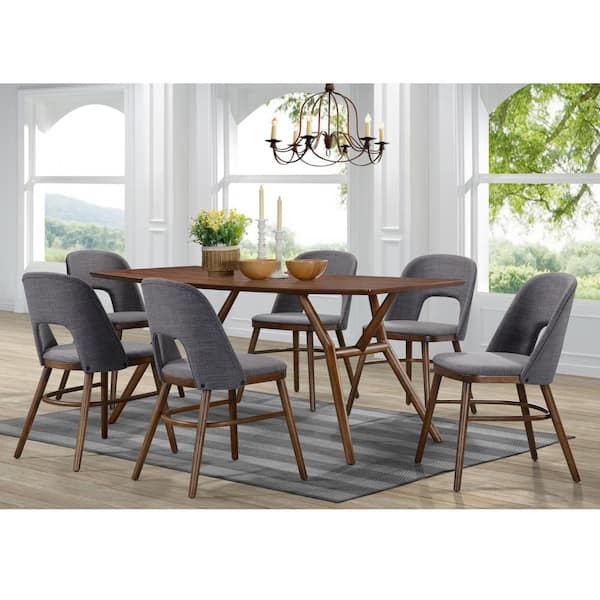 Handy Living Dominic 7 Piece Walnut Dining Set With Rectangular Table Upholstered Gray Armless Dining Chairs A144247 The Home Depot