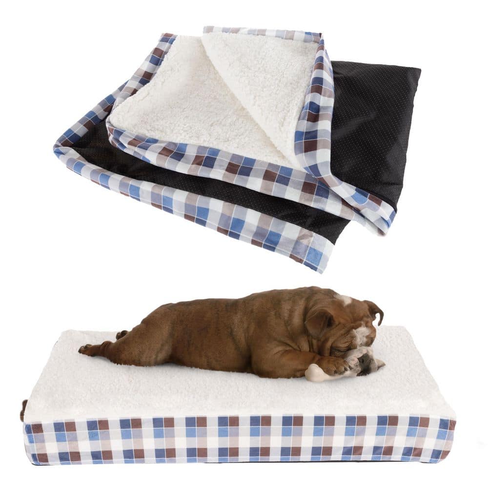 Medium Multicolored Plaid Memory Foam Dog Bed Cover with Sherpa Top