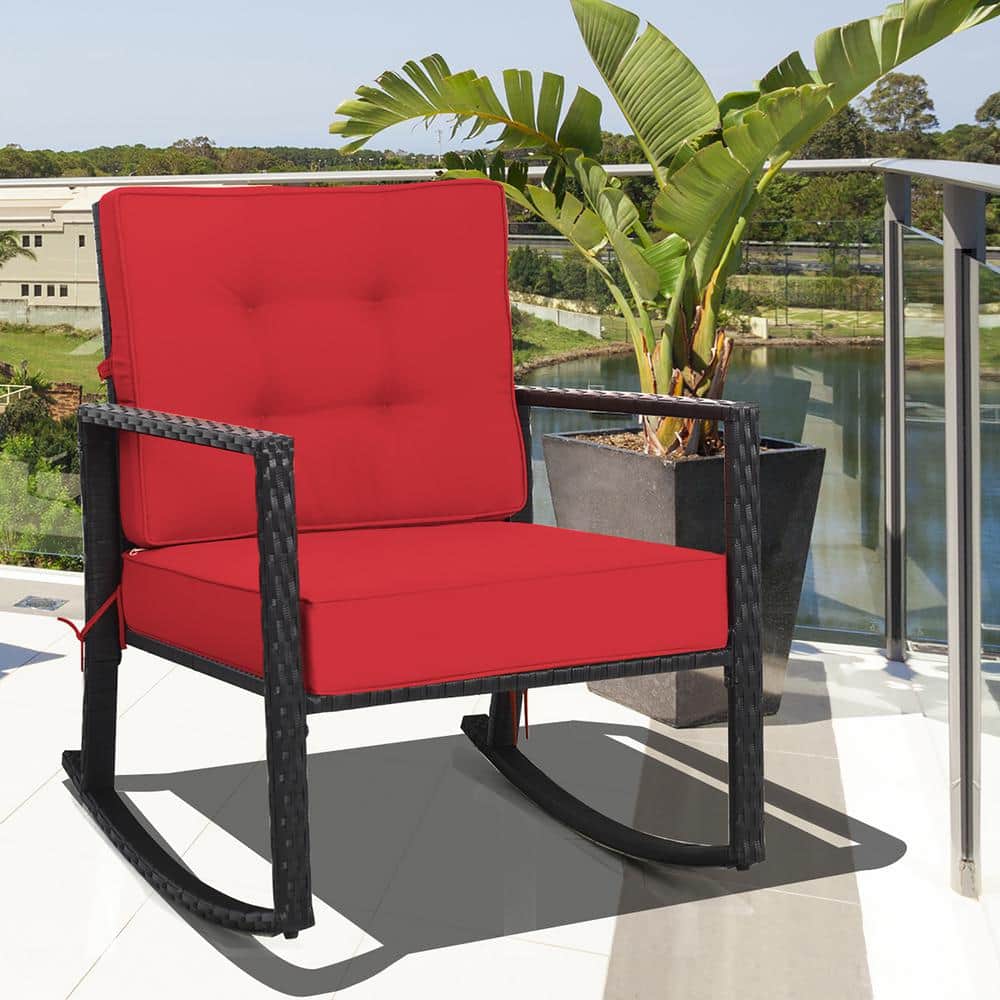 Red Cushioned Black Iron Outdoor Rocking Armchair Set