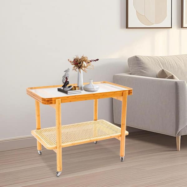 YIYIBYUS 27.7 in. x 15.8 in. Bamboo 2-Tiers Rectangle Glass Top End Table with 4-Wheels