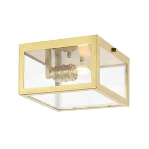 Eleanor 8 in. 1-Light Farmhouse Industrial Square Iron/Glass Case LED Flush Mount, Brass Gold