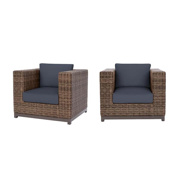 Hampton Bay Fernlake Brown Wicker Outdoor Patio Stationary Lounge Chair with CushionGuard Sky Blue Cushions (2-Pack)
