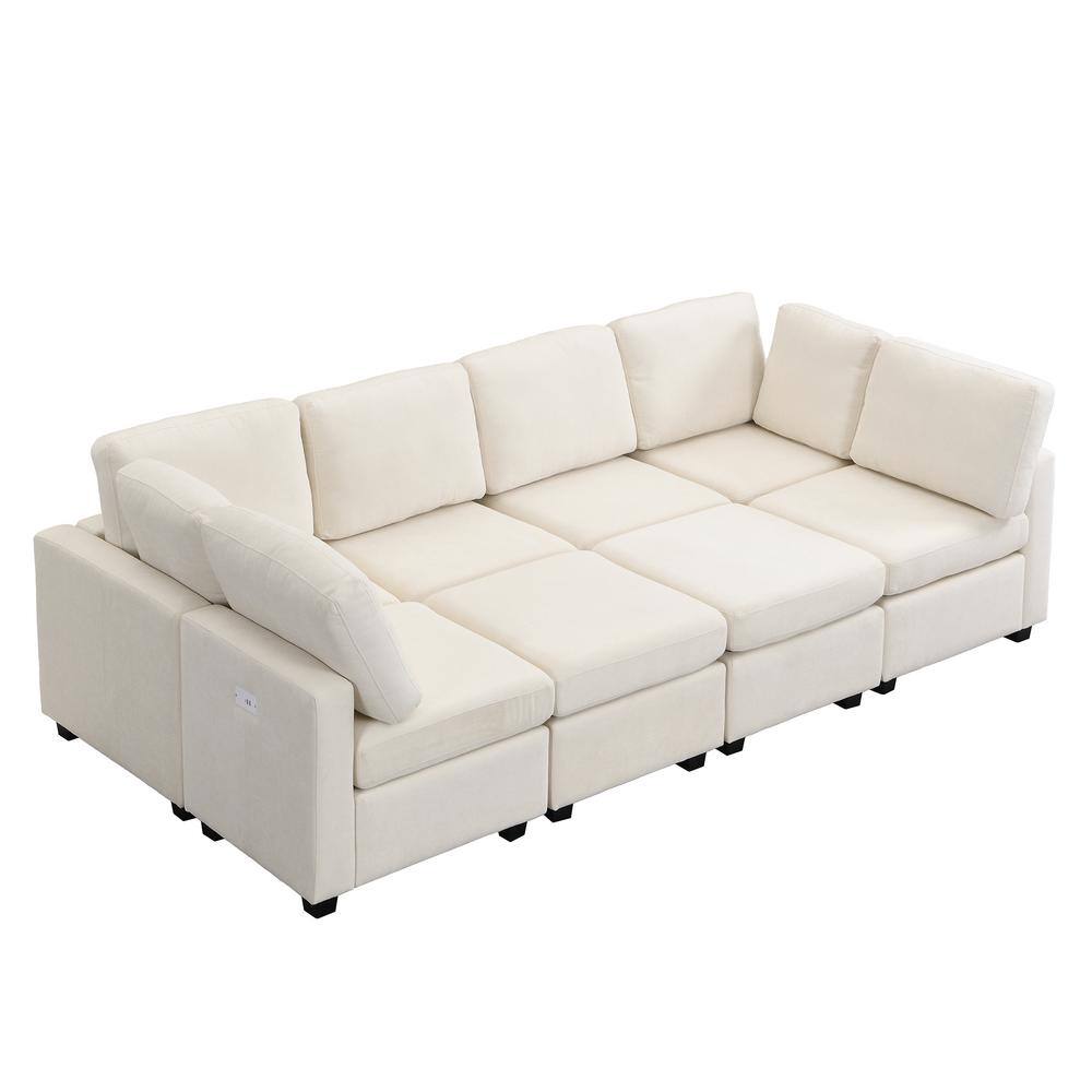 103" Beige Chenille Fabric Sectional Sofa with Ottoman