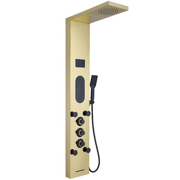 BWE 5-Jet Rainfall Shower Panel System with Rainfall Shower Head and Shower Wand Shower Tower With LED Light in Black Gold