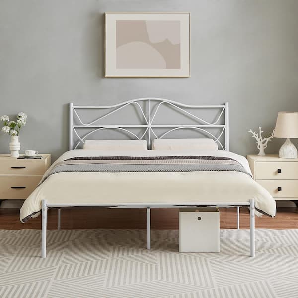 VECELO Bed Frame White Metal Frame Queen Platform Bed with Headboard, Sturdy Steel Slat Support, No Box Spring Needed