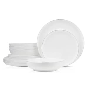 Gabrielle Collection 12-Piece White and Platinum Bone China Round Dinnerware Set (Service for 4)