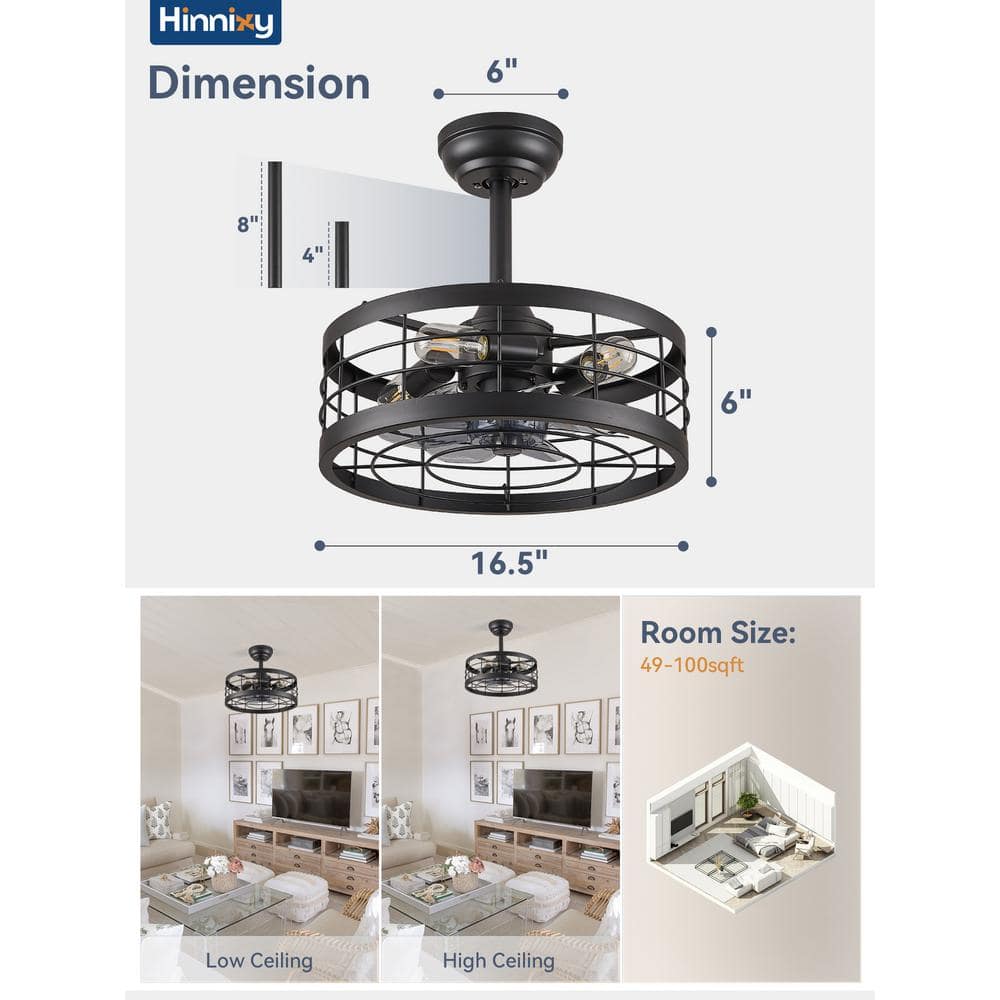 16.5" Matte Black Industrial Caged Ceiling Fan with Light and Remote