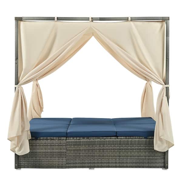 Xzkai Gray Wicker Woven Rope Outdoor Day Bed with CushionGuard Blue Cushions