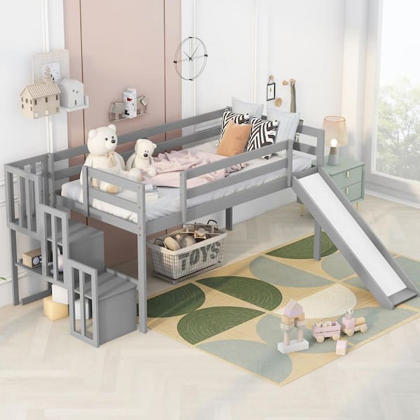 URTR Wooden Gray Twin Size Loft Bed with Slide Staircase Storage, Full-Length Safety Guardrails for Kids,No Box Spring Needed