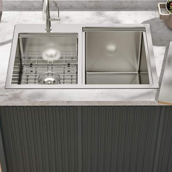 30 in. Drop-In Double Bowl (50/50) 16-Gauge Brushed Nickel Stainless Steel Kitchen Sink with Workstation