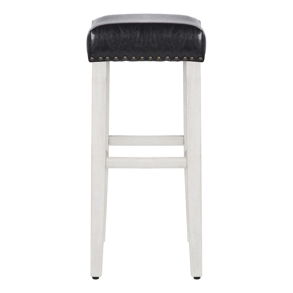 Antique White and Black Leather Saddle Style 29" Bar Stool