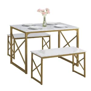 Dining Table Set for 4, 43.3" Rectangle Dinner Breakfast Dinette with 2 Benches, Set of 3, White & Gold Dining Table