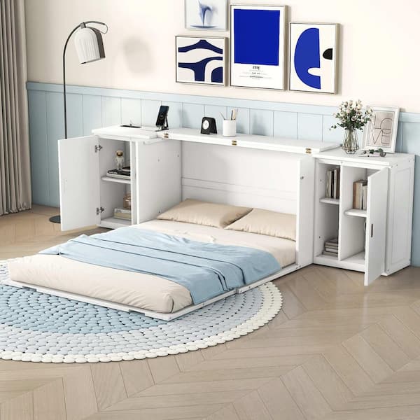 White Wood Frame Queen Murphy Bed with Shelves, Cabinets and USB Ports