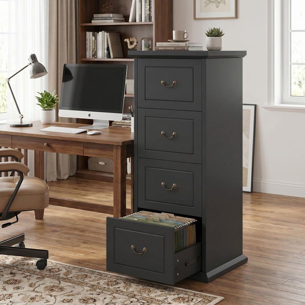 Atencio 4-Drawer Black Wood 21.26 in. W Vertical File Cabinet with Hanging Rails for Home Office