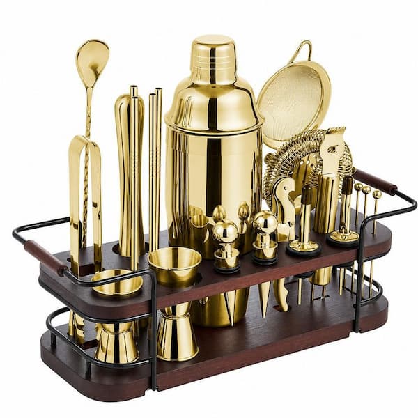 24-Piece Cocktail Shaker Set Bartender Kit with Stand, Martini Shaker, Jigger, Muddler for Home Bar Cocktails in Gold