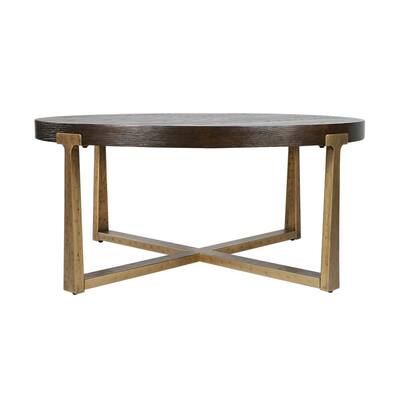 36 in. Gold Medium Round Wood Coffee Table with Cross Gold Legs