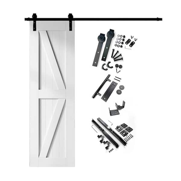 30 in. x 96 in. K-Frame White Solid Pine Wood Interior Sliding Barn Door with Hardware Kit, Non-Bypass