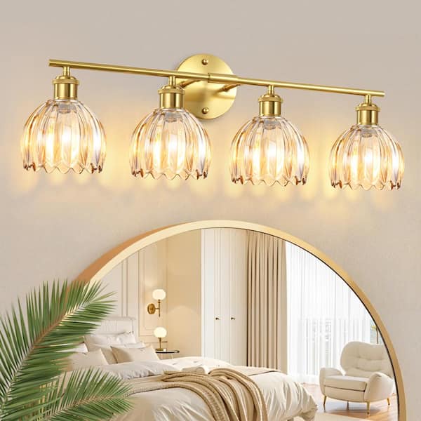 26.38 in. 4-Light Modern Gold Bathroom Vanity Light with Amber Tulip Glass Shade