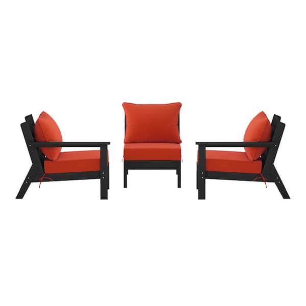 Birchwood Black Arrangeable Outdoor Patio 3-Piece Deep Seating HDPE Sofa Arm Chair Set w/ Orange Cushions