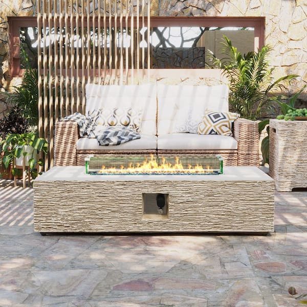 56 in. 50000BTU Outdoor Beige Rectangle Magnesium Oxide Fire Pit Table with Glass Cover and Propane Tank Cover