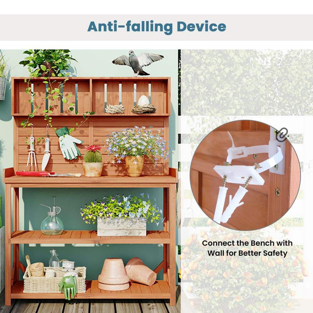 Natural Fir Wood Outdoor Potting Bench with Storage Shelves