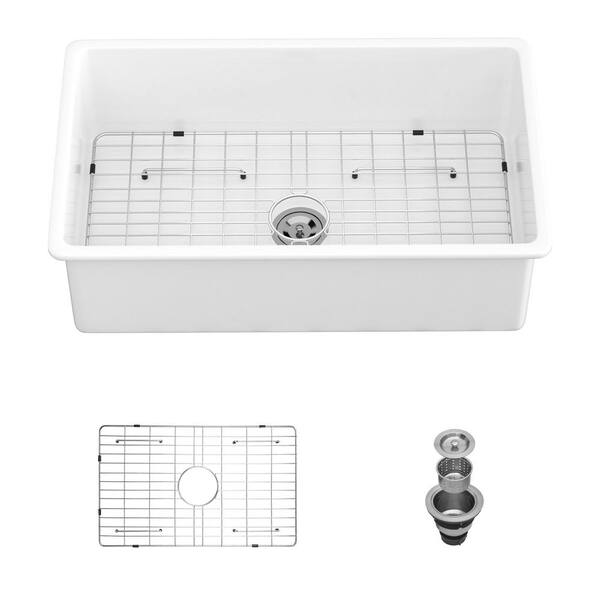 32 in. Drop-In Single Bowl No Gauge Applicable White Ceramic Kitchen Sink and Bottom Grids
