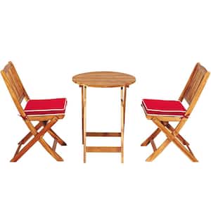 3-Pieces Wood Folding Patio Conversation Set with Red Cushions
