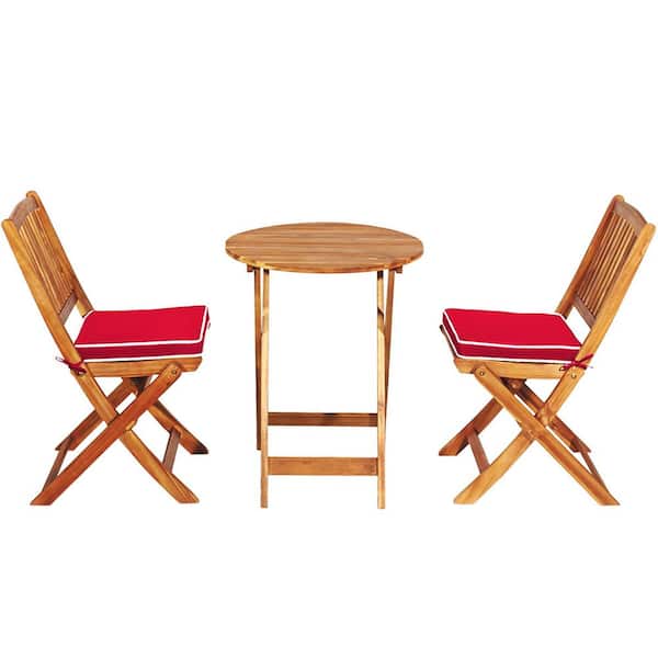 Costway 3-Pieces Wood Folding Patio Conversation Set with Red Cushions