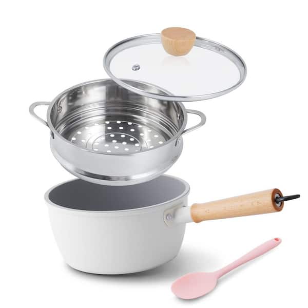 4-Piece 2 qt. Non-Stick White Ceramic Sauce Pan with Wooden Handle, Steamer and Lid for Gas, Electric and Induction